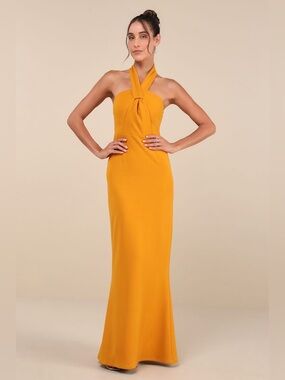 LULUS Mesmerizing Perfection Yellow Halter Neck Backless Maxi Dress Gown Party S
